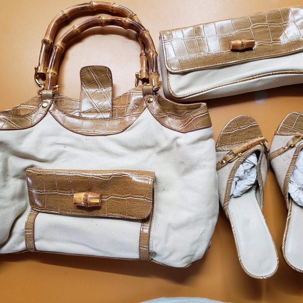 Bamboo and linen shoulder bag, clutch, and size 7 heels